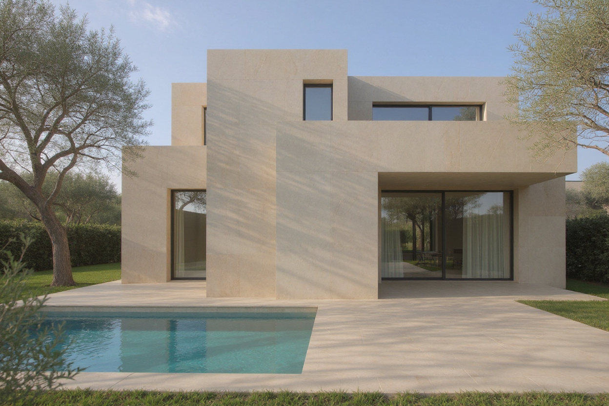 Antique Limestone villa facade and pool terrace