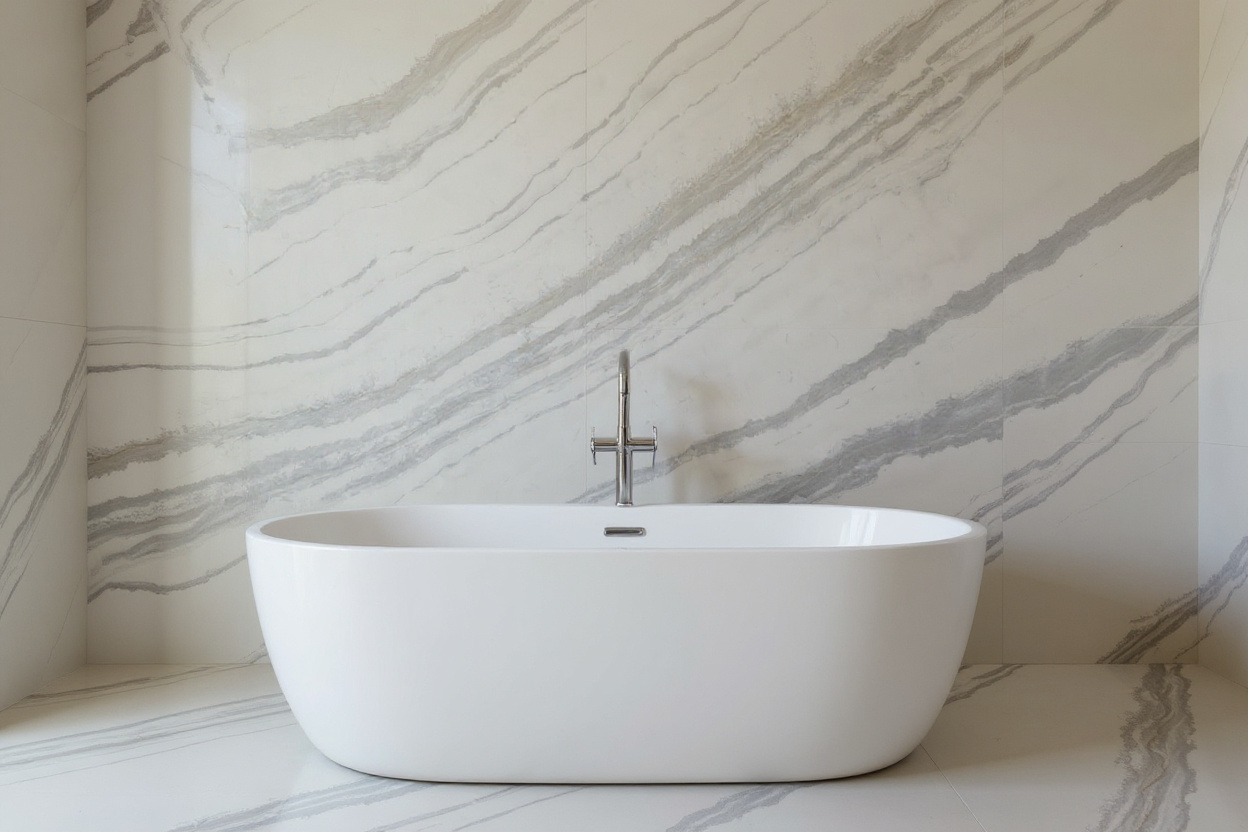 Bianco Lupo Dolomite bookmatched bathroom feature wall
