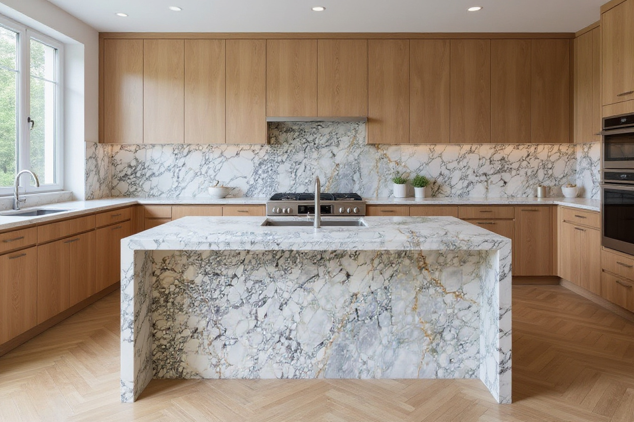 Calacatta Viola Marble kitchen island and backsplash