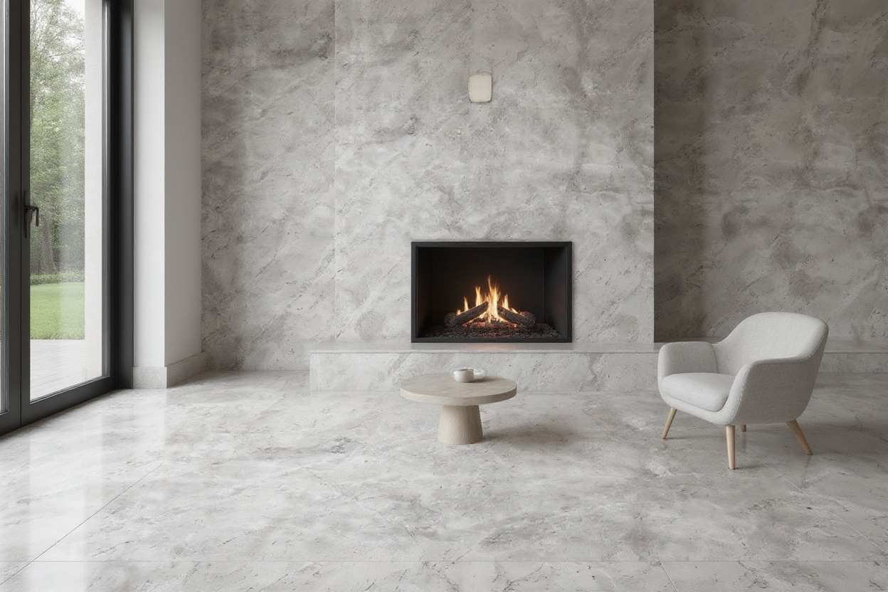 Caldia Grey Marble living room flooring and fireplace wall