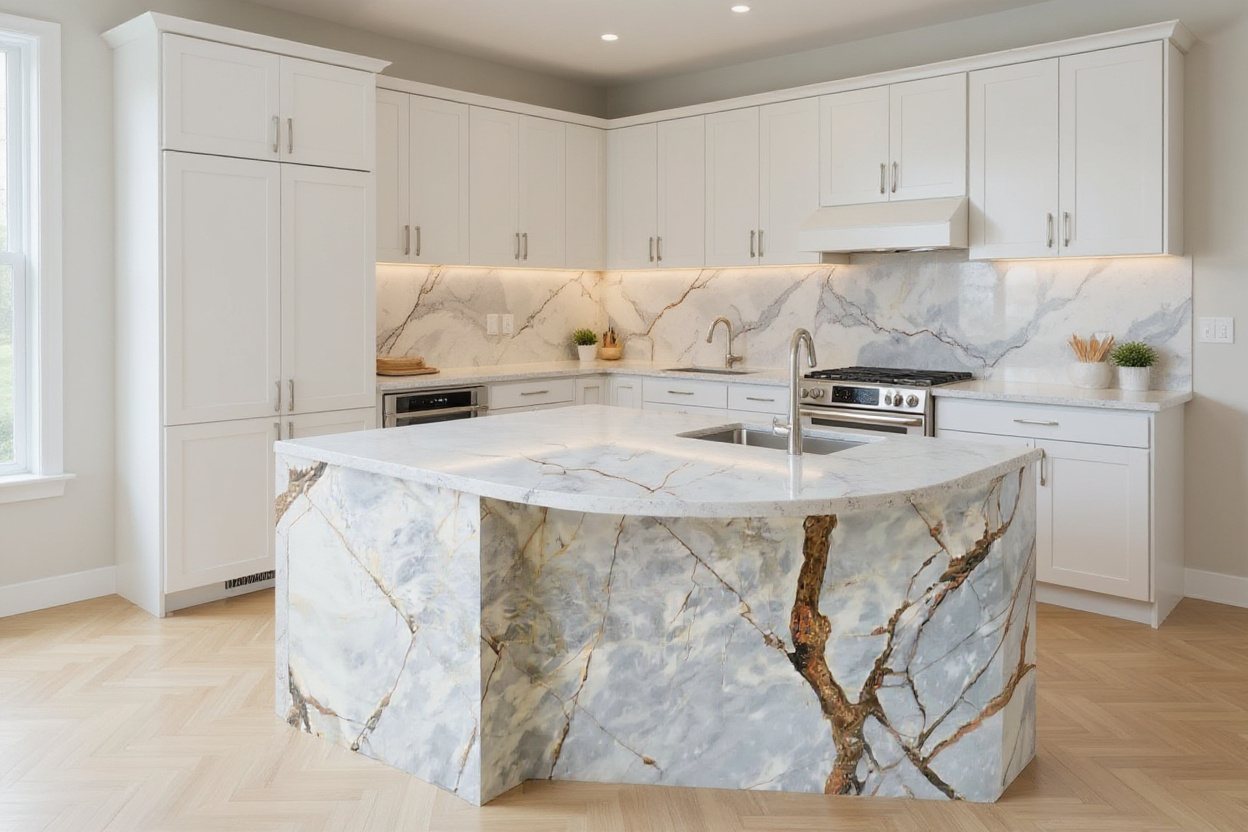 Glacier Fire Marble waterfall kitchen island