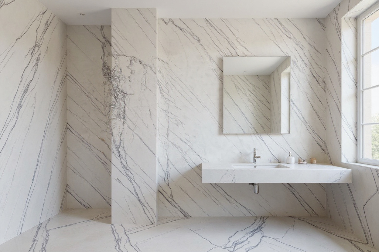 Lilac Marble bathroom walls and vanity