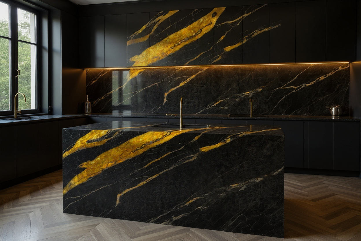 Mont Black Marble kitchen island and backsplash