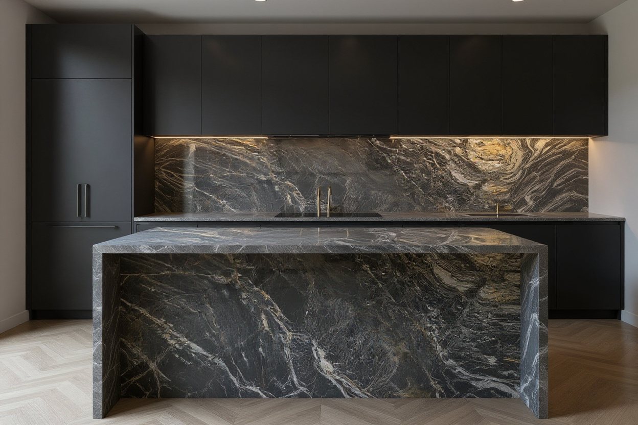 Nero Picasso Marble kitchen island and backsplash