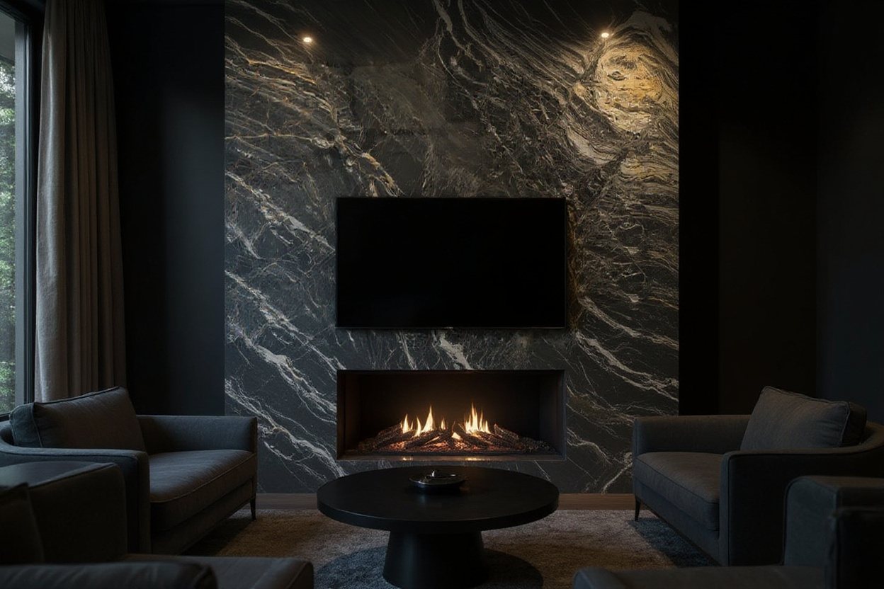 Nero Picasso Marble feature wall and fireplace