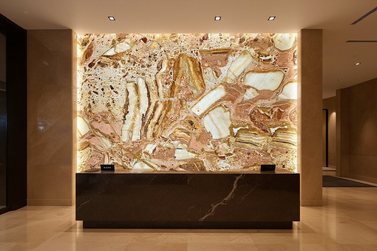 Pebble Symphony Onyx backlit reception wall