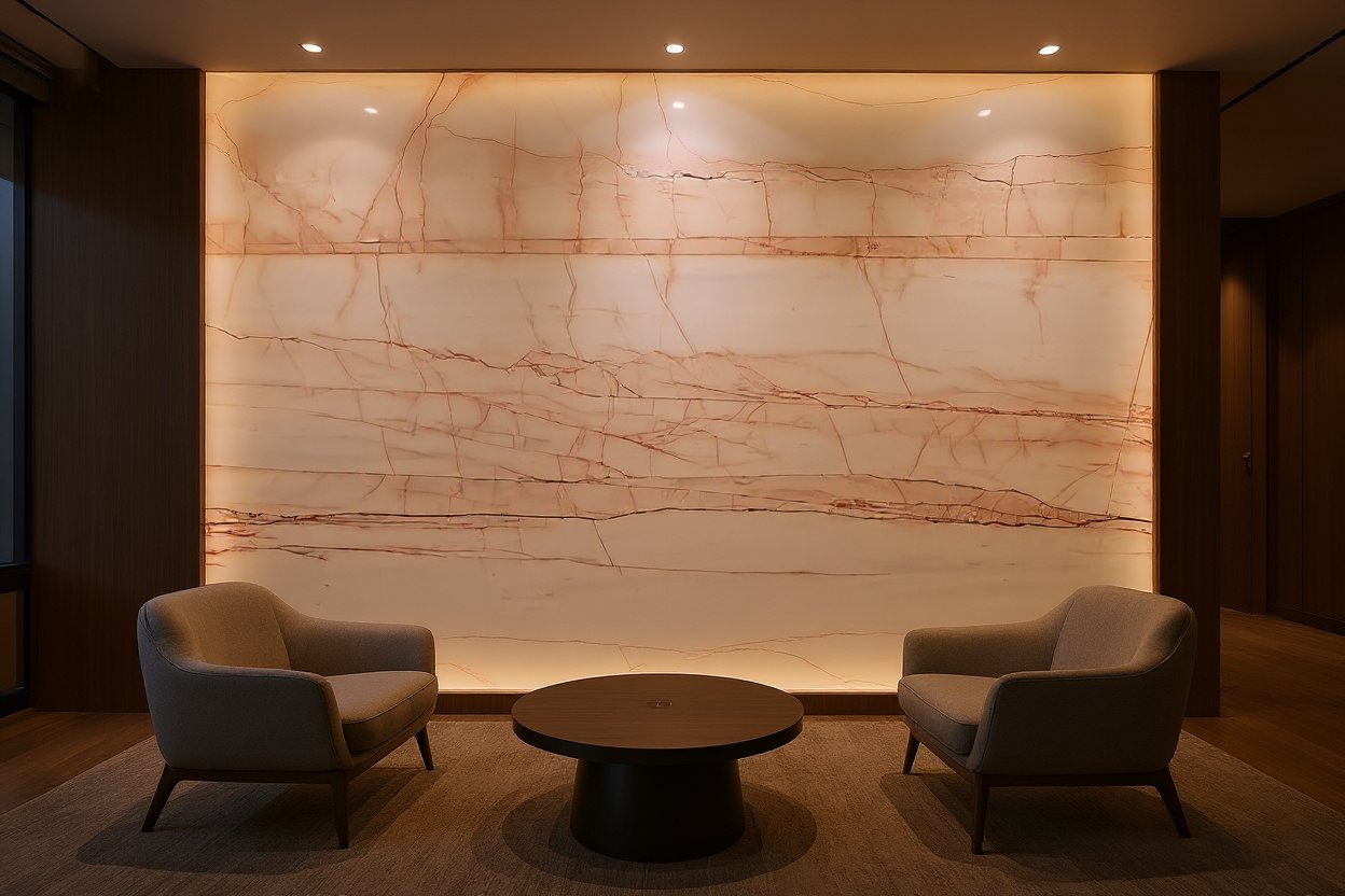 Rosso Venato Onyx backlit lounge feature wall