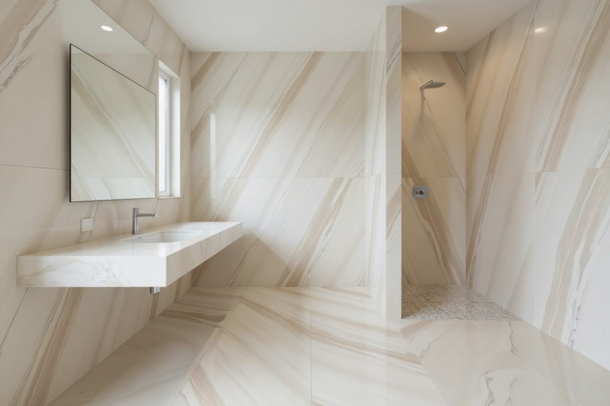 Silky Beige Marble luxury bathroom vanity and shower