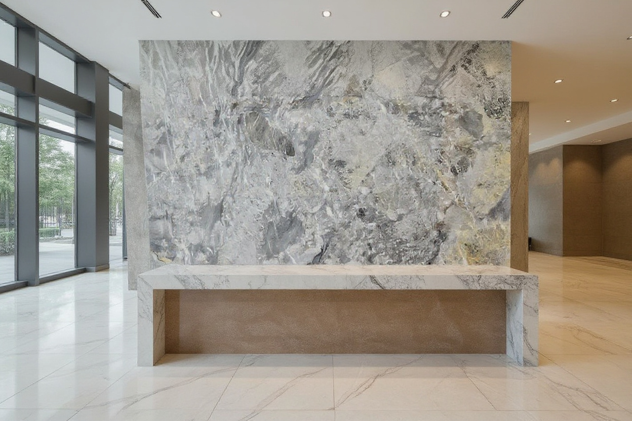 Silver Breccia Marble hotel lobby feature wall and reception desk