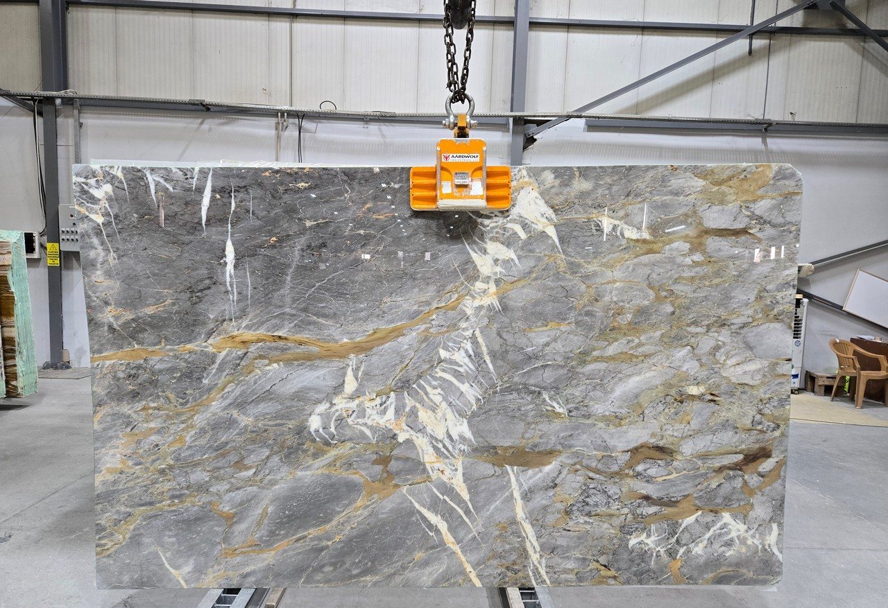 Sovereign Grey Marble slab inspected before loading